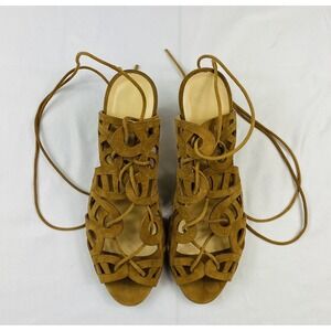Bionda Castana Women Brown Suede Strappy Ankle Tie Peep Toe Heels Size 7.5 37.5